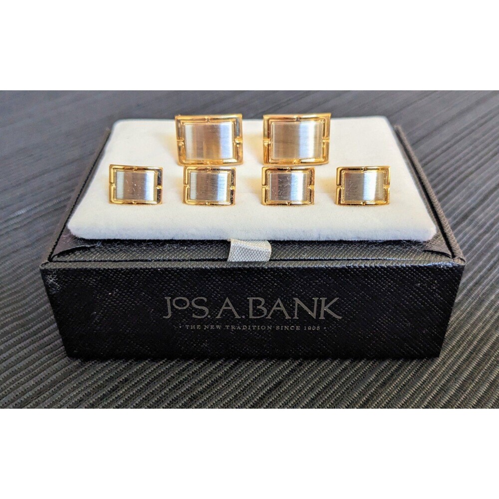 Jos A Bank Tuxedo Cufflink Stud Set Gold Frame & Brushed Silver Design